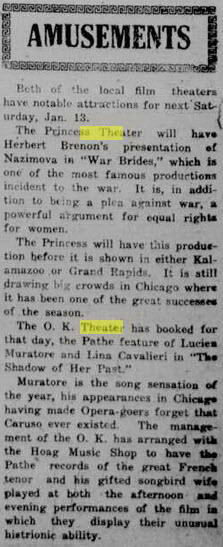 O.K. Theater - South Haven Daily Tribune Jan 11 1917
